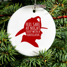 DistinctInk® Hanging Ceramic Christmas Tree Ornament with Gold String - Great Gift / Present - 2 3/4 inch Diameter - Feel Safe at Night Sleep with a Firefighter