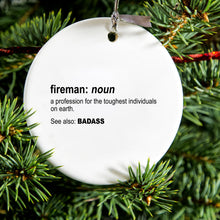 DistinctInk® Hanging Ceramic Christmas Tree Ornament with Gold String - Great Gift / Present - 2 3/4 inch Diameter - Fireman Definition Profession for Toughest