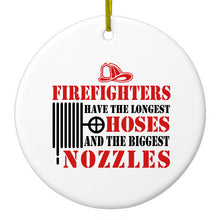 DistinctInk® Hanging Ceramic Christmas Tree Ornament with Gold String - Great Gift / Present - 2 3/4 inch Diameter - Firefights Have Longest Hoses and Biggest Nozzles