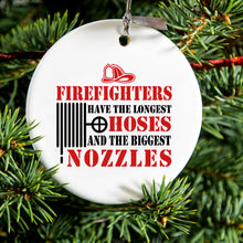 DistinctInk® Hanging Ceramic Christmas Tree Ornament with Gold String - Great Gift / Present - 2 3/4 inch Diameter - Firefights Have Longest Hoses and Biggest Nozzles