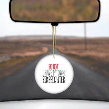 DistinctInk® Hanging Ceramic Christmas Tree Ornament with Gold String - Great Gift / Present - 2 3/4 inch Diameter - So Hot I Have My Own Firefighter