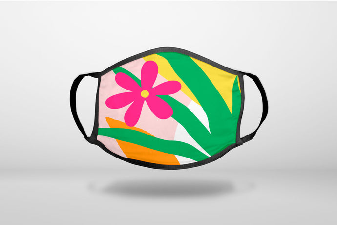 Summer Vibes Bold Flower Pink Green Yellow - 3-Ply Reusable Soft Face Mask Covering, Unisex, Cotton Inner Layer
