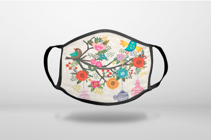 Spring Collection - Floral Birds Teal Red - 3-Ply Reusable Soft Face Mask Covering, Unisex, Cotton Inner Layer