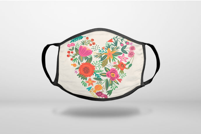 Spring Collection - Floral Heart Green Red - 3-Ply Reusable Soft Face Mask Covering, Unisex, Cotton Inner Layer