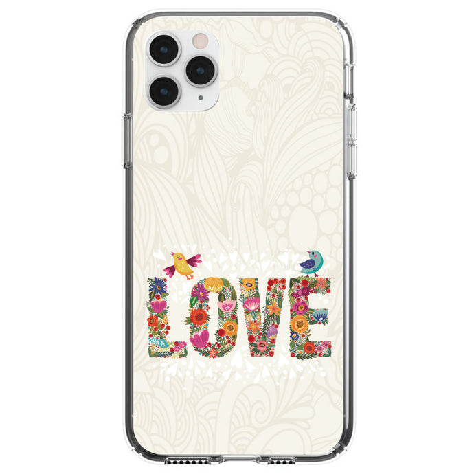 DistinctInk® Clear Shockproof Hybrid Case for Apple iPhone / Samsung Galaxy / Google Pixel - Spring Collection - Floral LOVE Birds