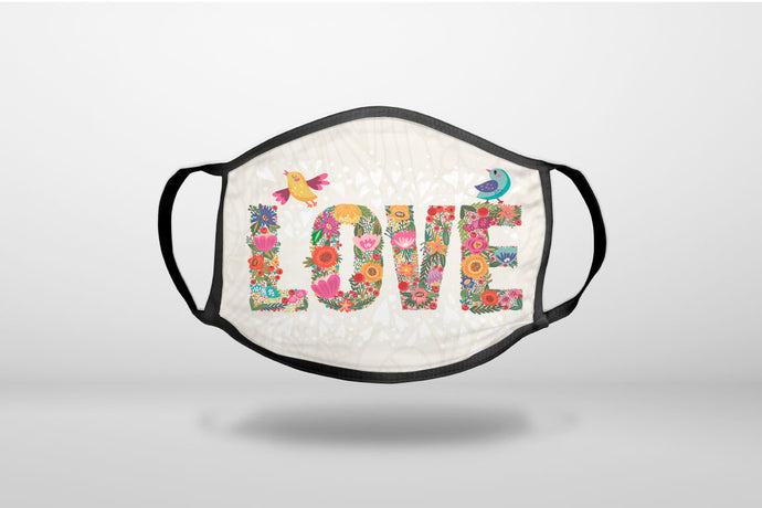 Spring Collection - Floral LOVE Birds - 3-Ply Reusable Soft Face Mask Covering, Unisex, Cotton Inner Layer