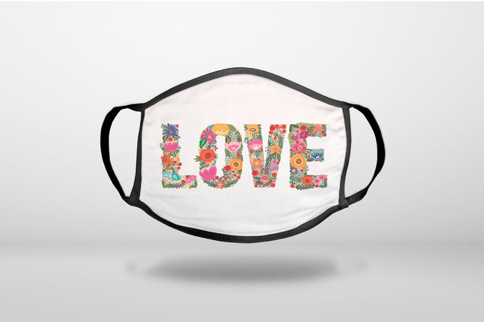 Spring Collection - Floral LOVE Flowers - 3-Ply Reusable Soft Face Mask Covering, Unisex, Cotton Inner Layer