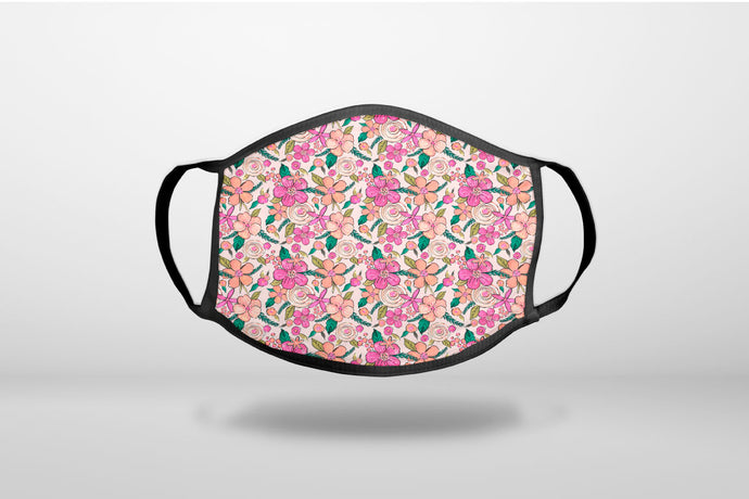 Preppy Pattern - Pink Flowers Floral - 3-Ply Reusable Soft Face Mask Covering, Unisex, Cotton Inner Layer