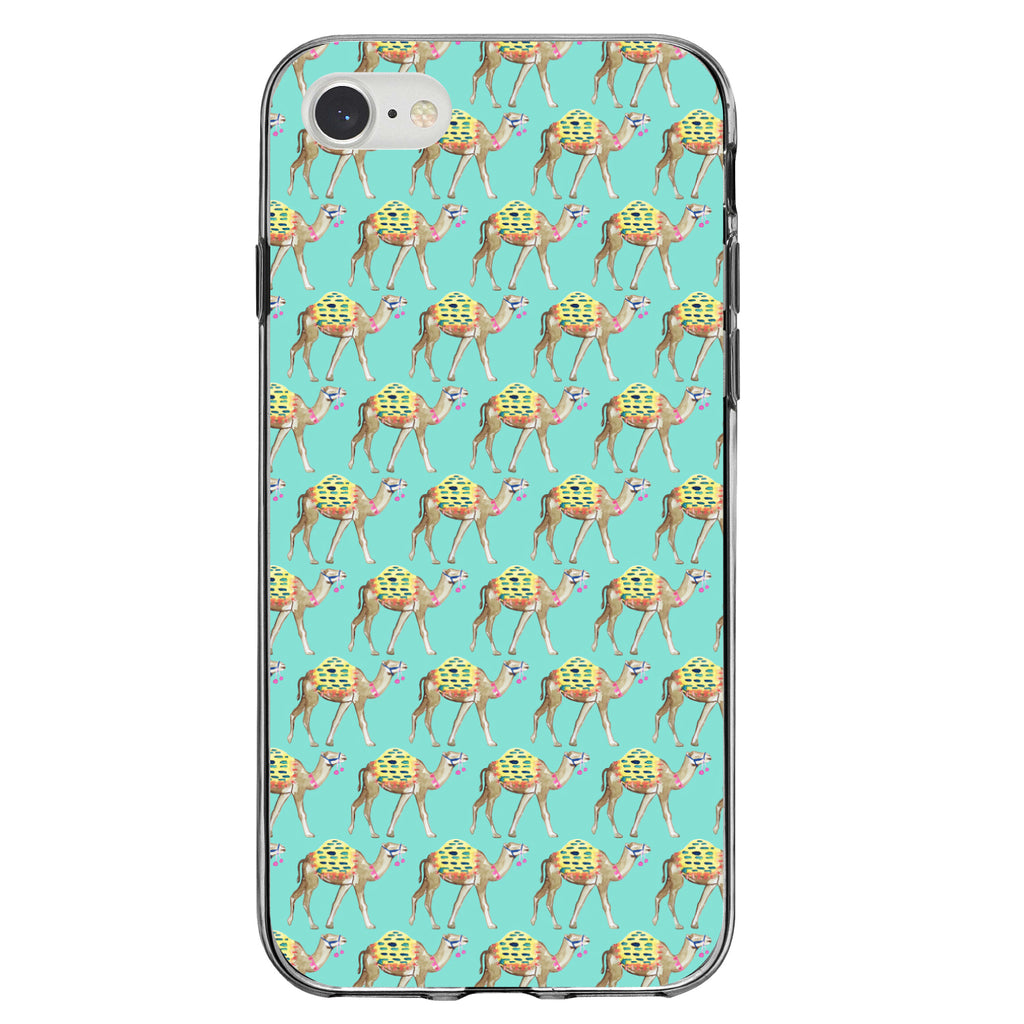 Preppy Pattern, Camels on Teal Background Clear Shockproof iPhone Case, view 5