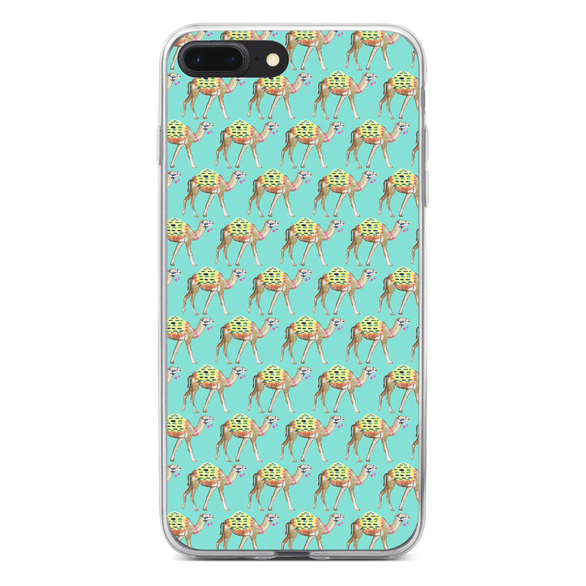 Preppy Pattern, Camels on Teal Background Clear Shockproof iPhone Case, view 6