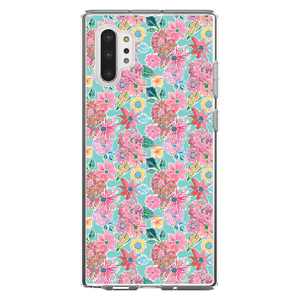 Preppy Pattern, Pink Flowers on Teal Background Clear Shockproof iPhone Case, view 10