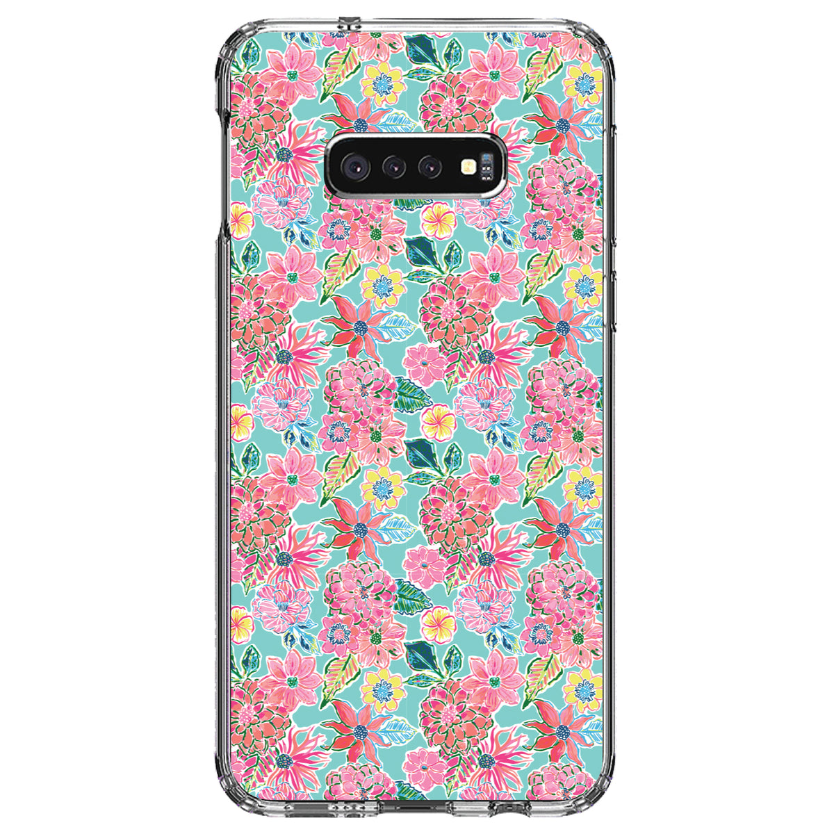 Preppy Pattern, Pink Flowers on Teal Background Clear Shockproof iPhone Case, view 18