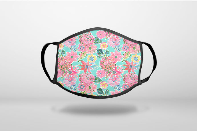 Preppy Pattern - Pink Flowers on Teal Background - 3-Ply Reusable Soft Face Mask Covering, Unisex, Cotton Inner Layer