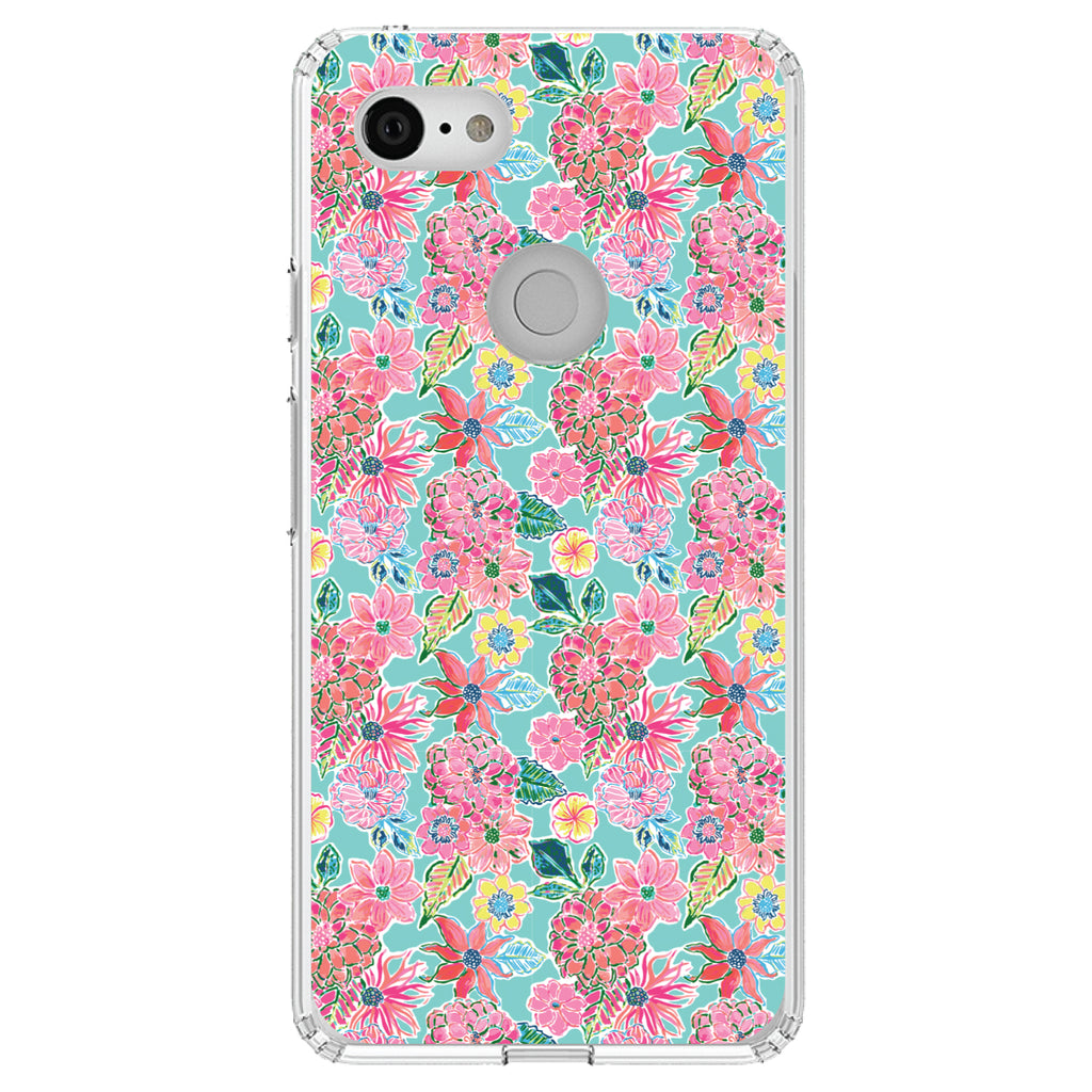 Preppy Pattern, Pink Flowers on Teal Background Clear Shockproof iPhone Case, view 22