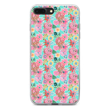 DistinctInk® Clear Shockproof Hybrid Case for Apple iPhone / Samsung Galaxy / Google Pixel - Preppy Pattern - Pink Flowers on Teal Background