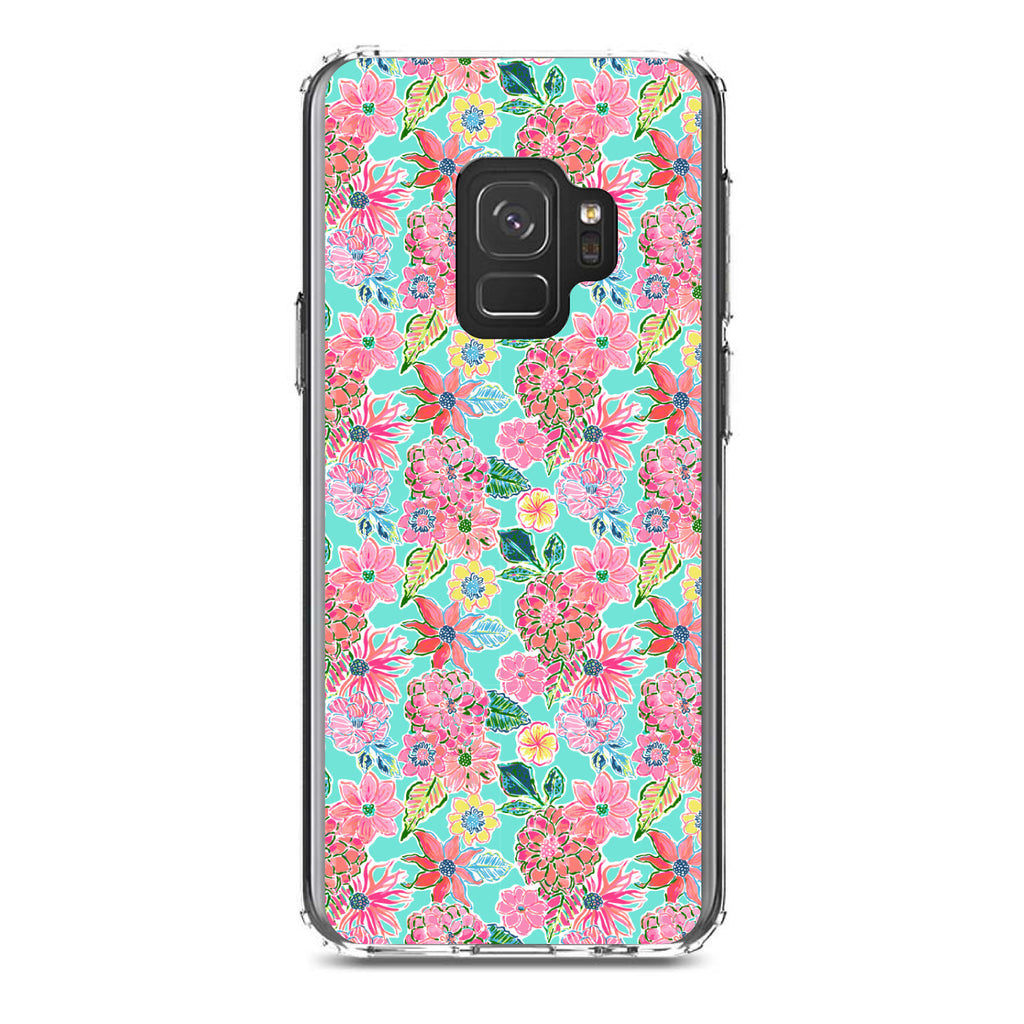 Preppy Pattern, Pink Flowers on Teal Background Clear Shockproof iPhone Case, view 19