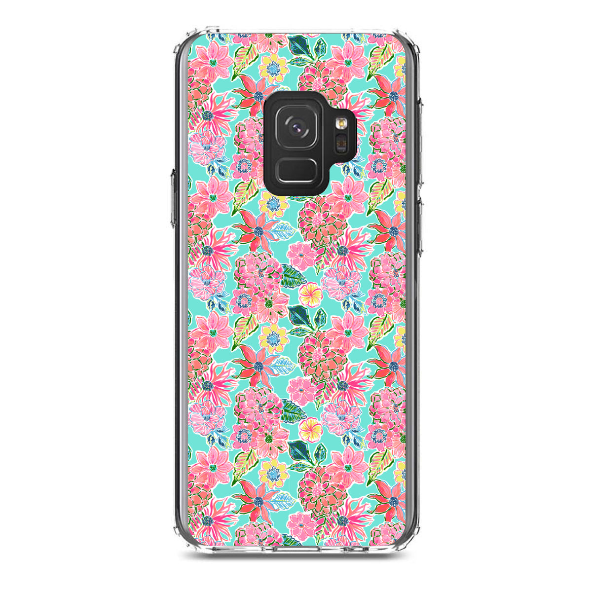 Preppy Pattern, Pink Flowers on Teal Background Clear Shockproof iPhone Case, view 19