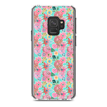 DistinctInk® Clear Shockproof Hybrid Case for Apple iPhone / Samsung Galaxy / Google Pixel - Preppy Pattern - Pink Flowers on Teal Background