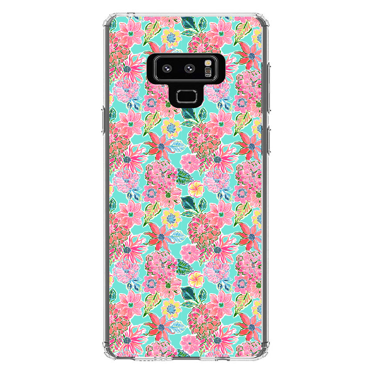 Preppy Pattern, Pink Flowers on Teal Background Clear Shockproof iPhone Case, view 11