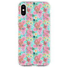 DistinctInk® Clear Shockproof Hybrid Case for Apple iPhone / Samsung Galaxy / Google Pixel - Preppy Pattern - Pink Flowers on Teal Background