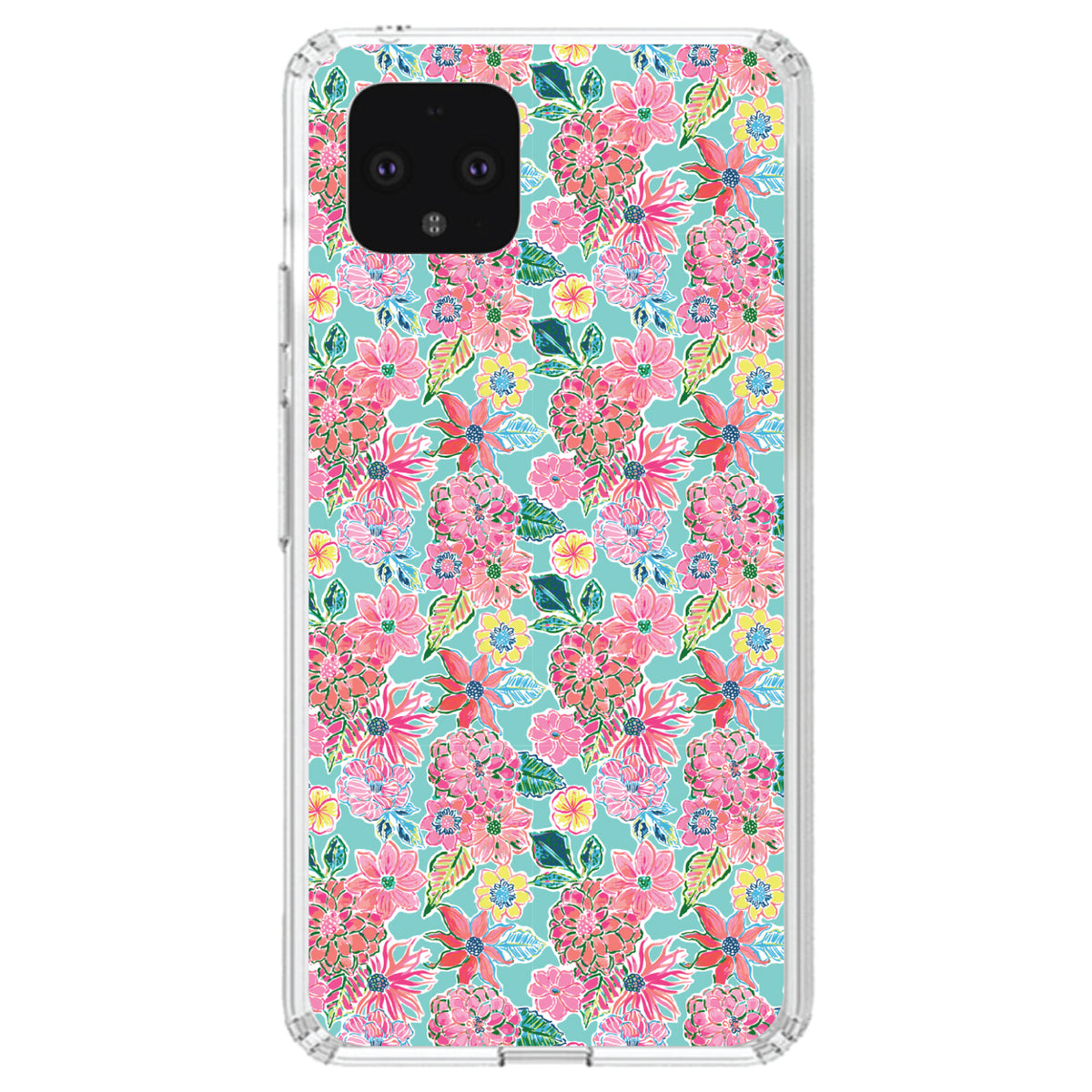 Preppy Pattern, Pink Flowers on Teal Background Clear Shockproof iPhone Case, view 23