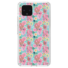 DistinctInk® Clear Shockproof Hybrid Case for Apple iPhone / Samsung Galaxy / Google Pixel - Preppy Pattern - Pink Flowers on Teal Background