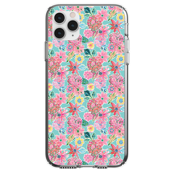 DistinctInk® Clear Shockproof Hybrid Case for Apple iPhone / Samsung Galaxy / Google Pixel - Preppy Pattern - Pink Flowers on Teal Background