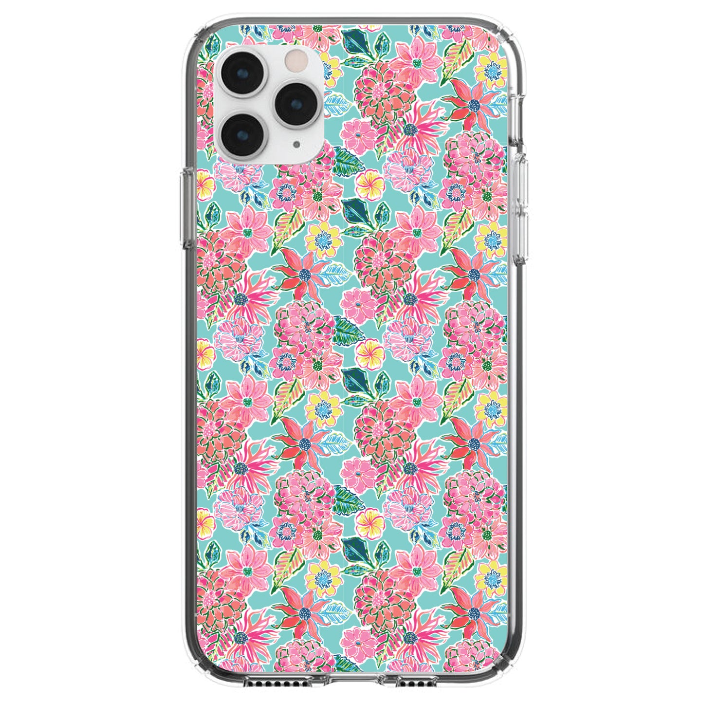 DistinctInk® Clear Shockproof Hybrid Case for Apple iPhone / Samsung Galaxy / Google Pixel - Preppy Pattern - Pink Flowers on Teal Background