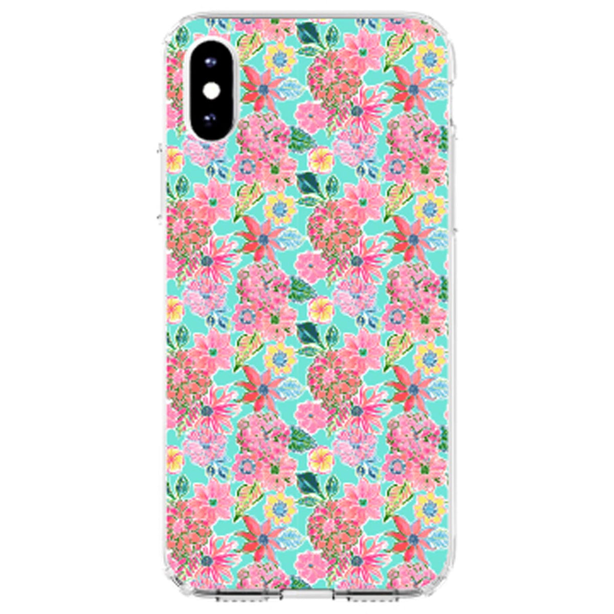Preppy Pattern, Pink Flowers on Teal Background Clear Shockproof iPhone Case, view 2