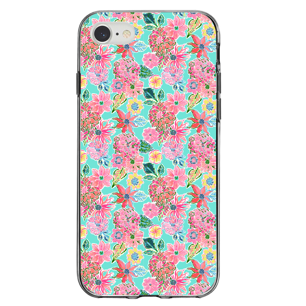 Preppy Pattern, Pink Flowers on Teal Background Clear Shockproof iPhone Case, view 5