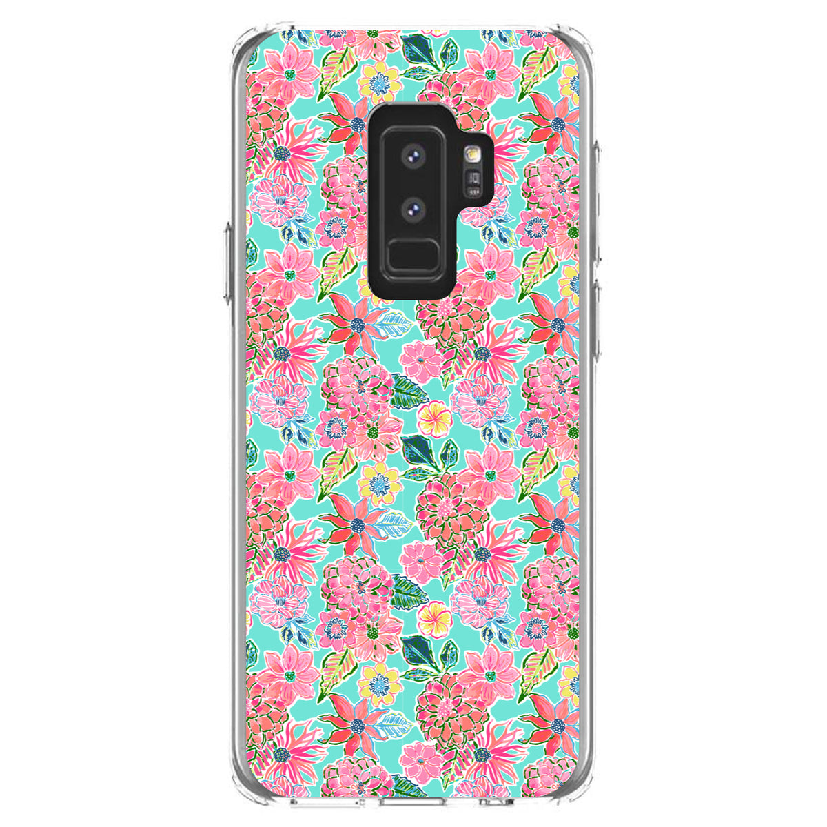 Preppy Pattern, Pink Flowers on Teal Background Clear Shockproof iPhone Case, view 20