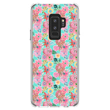 DistinctInk® Clear Shockproof Hybrid Case for Apple iPhone / Samsung Galaxy / Google Pixel - Preppy Pattern - Pink Flowers on Teal Background