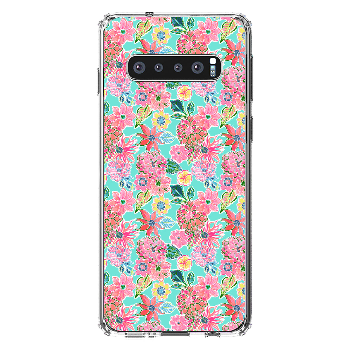Preppy Pattern, Pink Flowers on Teal Background Clear Shockproof iPhone Case, view 17