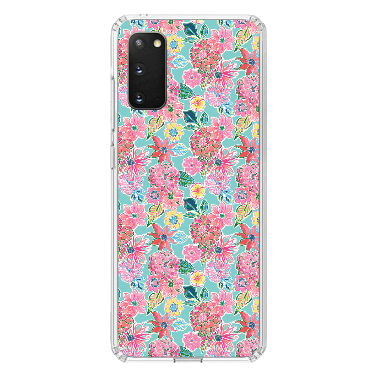 Preppy Pattern, Pink Flowers on Teal Background Clear Shockproof iPhone Case, view 13