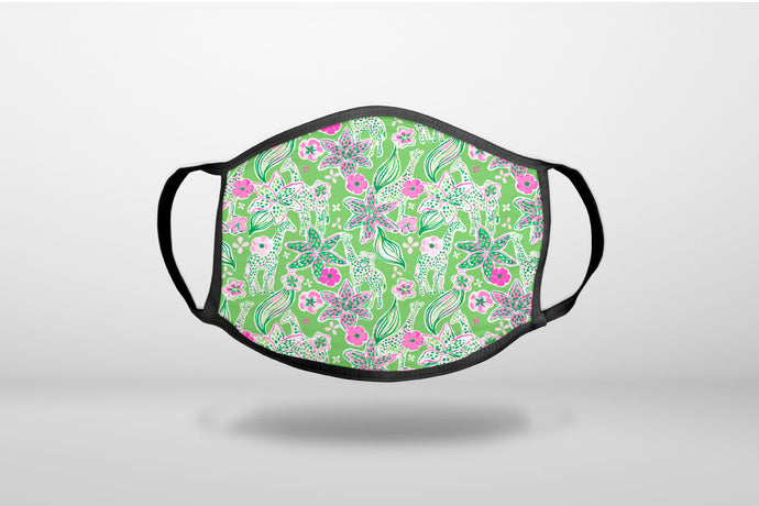 Preppy Pattern - Pink & Green Flowers Floral - 3-Ply Reusable Soft Face Mask Covering, Unisex, Cotton Inner Layer