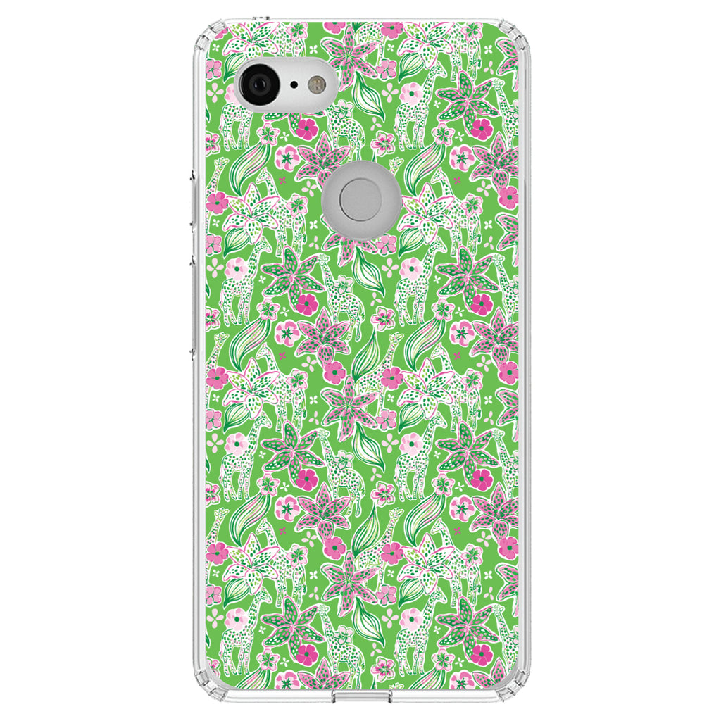 Preppy Pattern, Pink & Green Flowers Floral Clear Shockproof iPhone Case, view 22