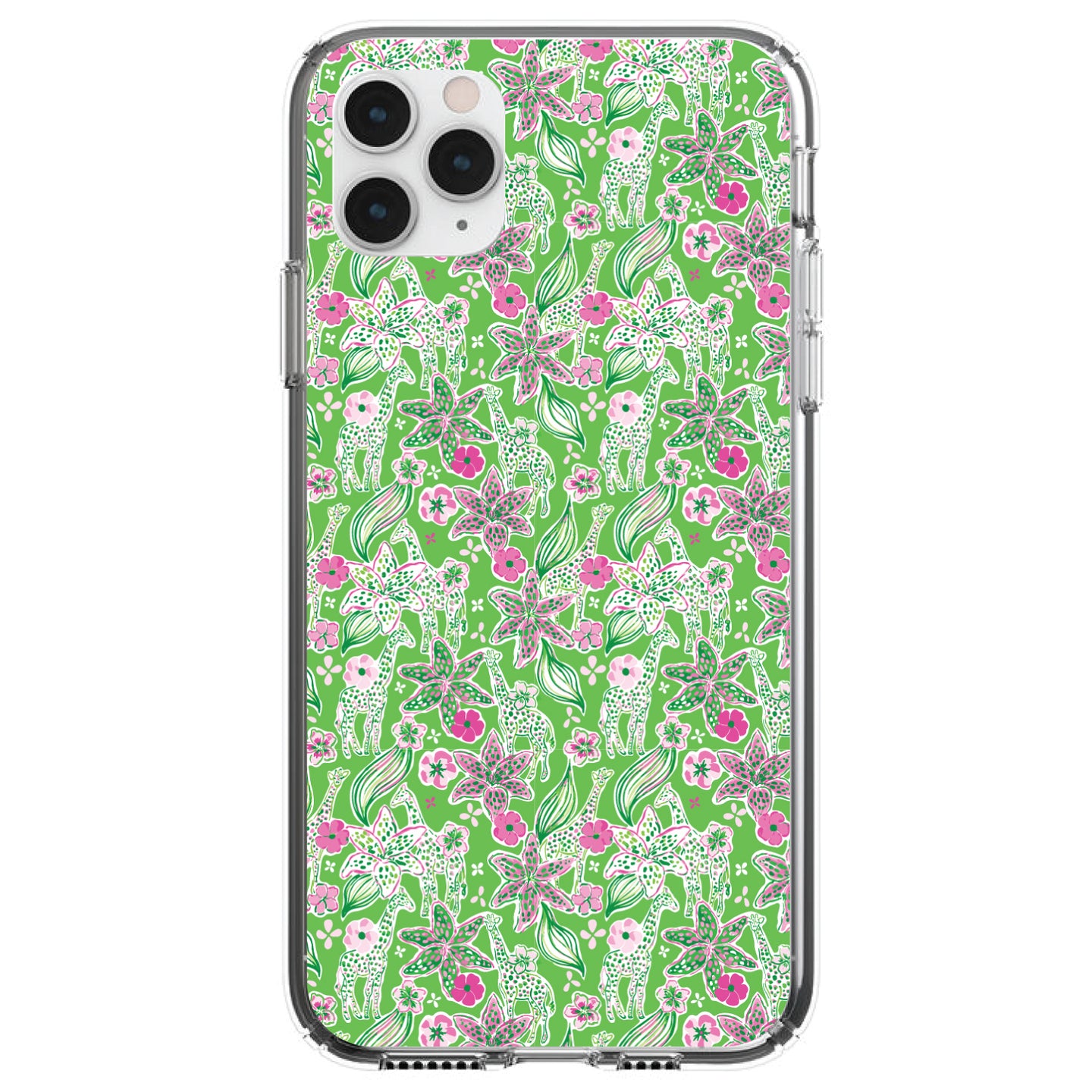 DistinctInk® Clear Shockproof Hybrid Case for Apple iPhone / Samsung Galaxy / Google Pixel - Preppy Pattern - Pink & Green Flowers Floral