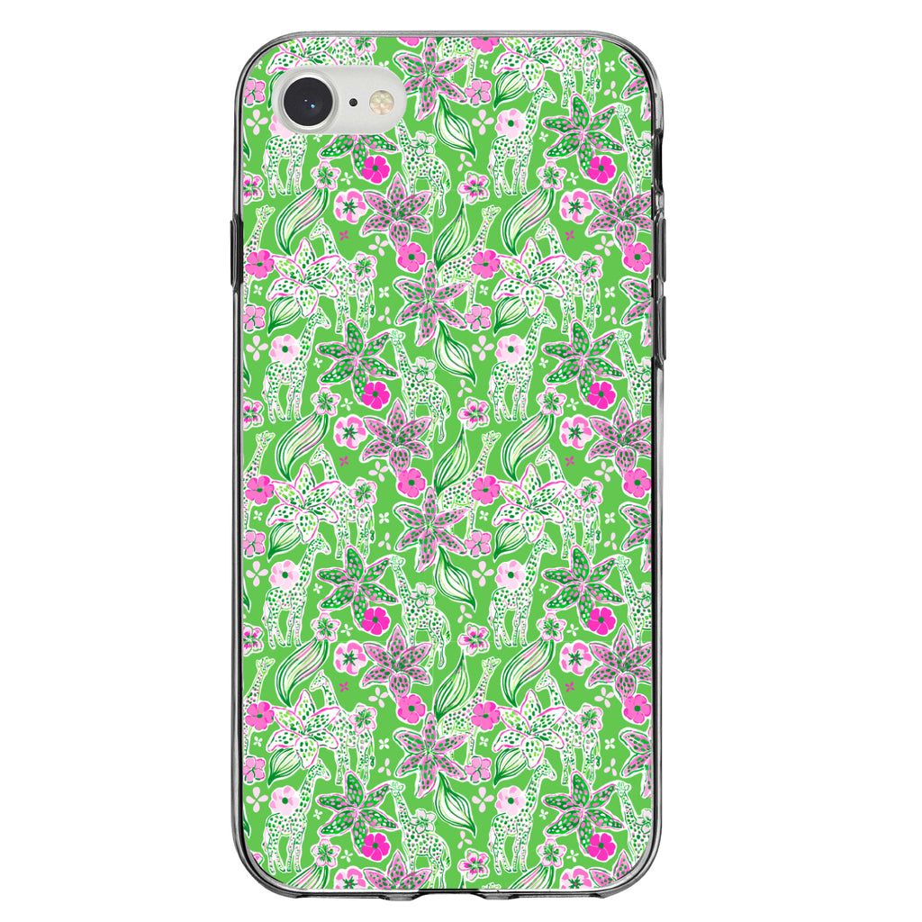 Preppy Pattern, Pink & Green Flowers Floral Clear Shockproof iPhone Case, view 5