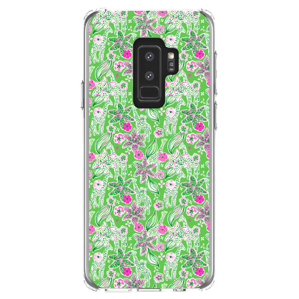 Preppy Pattern, Pink & Green Flowers Floral Clear Shockproof iPhone Case, view 20