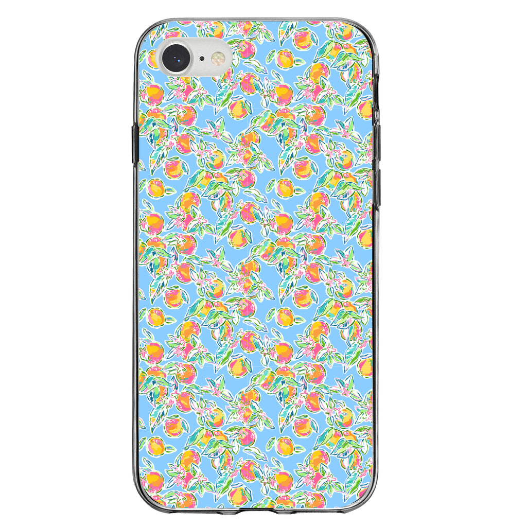 Preppy Pattern, Orange & Blue Flowers Floral Clear Shockproof iPhone Case, view 5