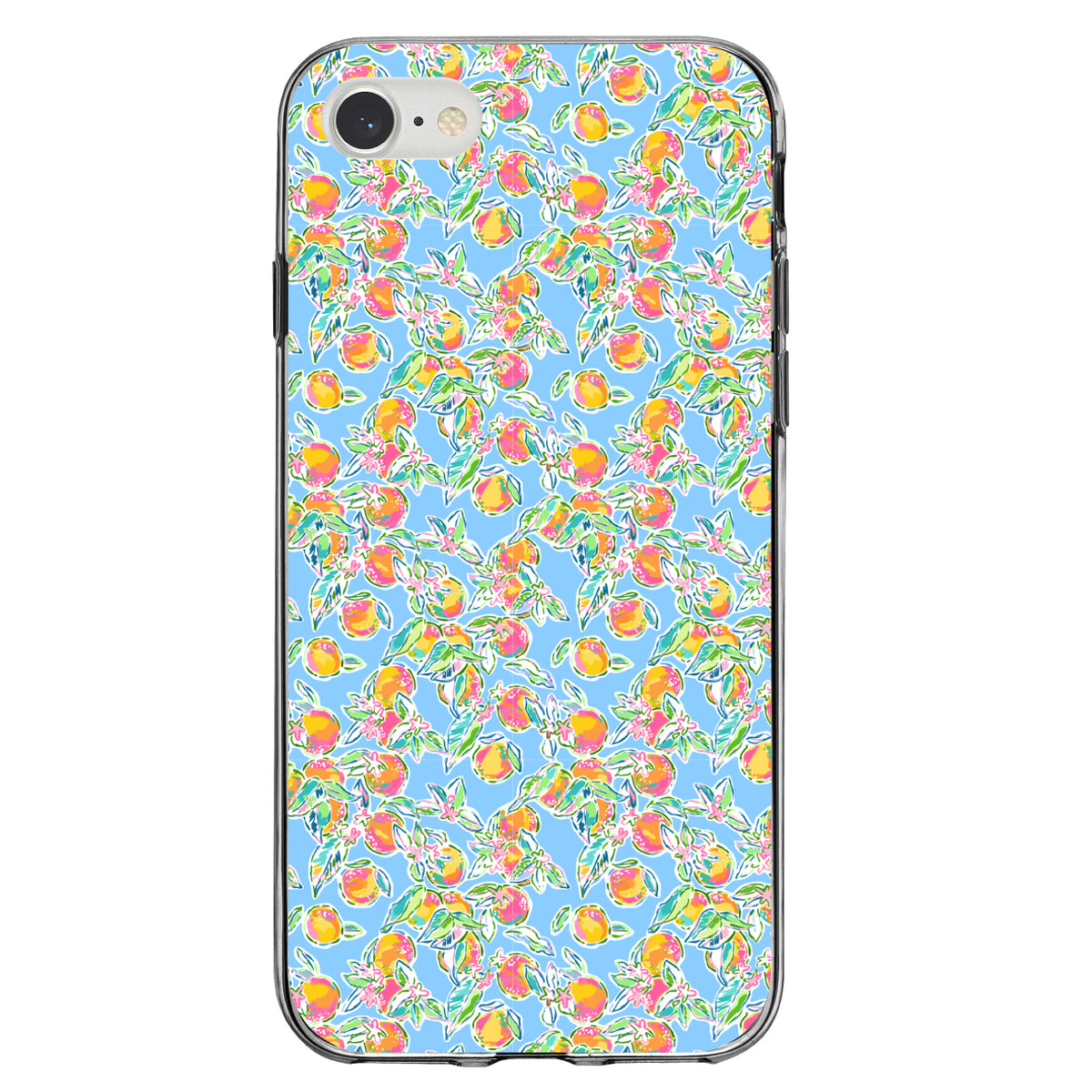 Preppy Pattern, Orange & Blue Flowers Floral Clear Shockproof iPhone Case, view 5