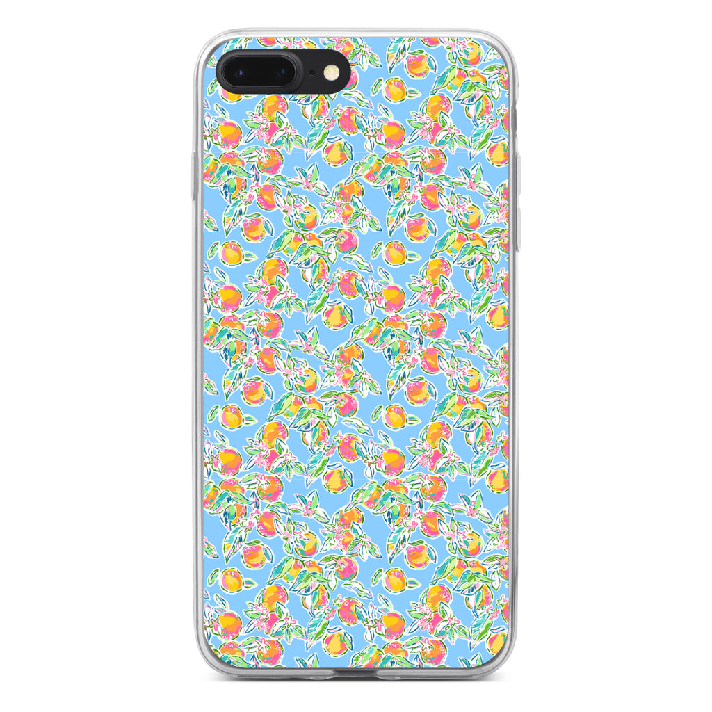 Preppy Pattern, Orange & Blue Flowers Floral Clear Shockproof iPhone Case, view 6