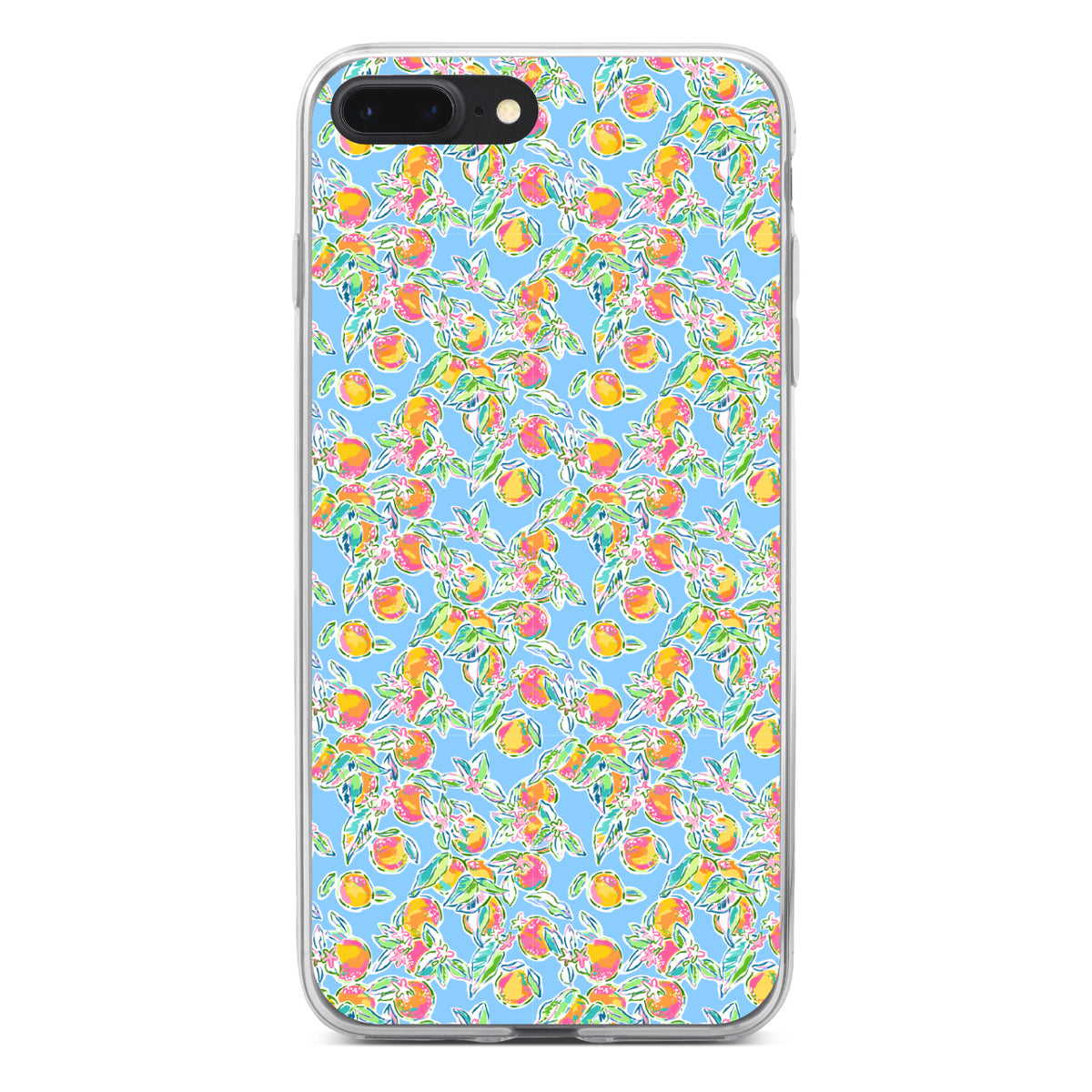 Preppy Pattern, Orange & Blue Flowers Floral Clear Shockproof iPhone Case, view 6