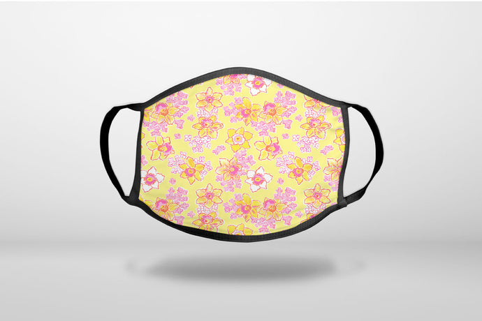 Preppy Pattern - Pink Yellow White Flowers Floral - 3-Ply Reusable Soft Face Mask Covering, Unisex, Cotton Inner Layer