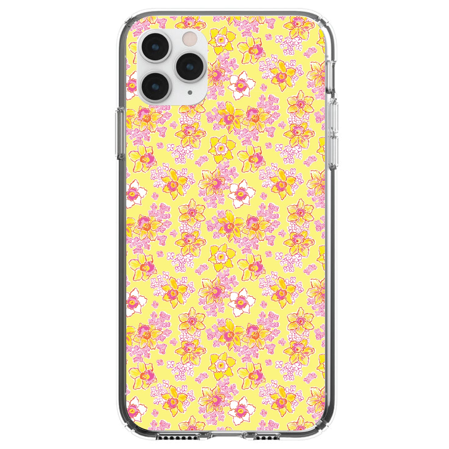 DistinctInk® Clear Shockproof Hybrid Case for Apple iPhone / Samsung Galaxy / Google Pixel - Preppy Pattern - Pink Yellow White Flowers Floral