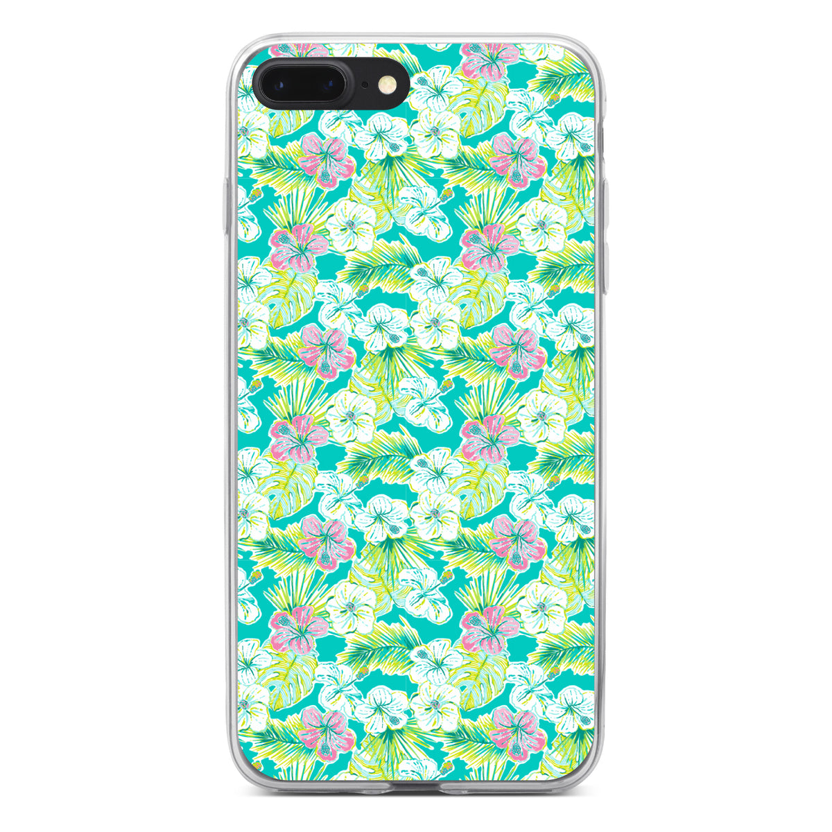 Preppy Pattern, Green Pink White Flowers Floral Clear Shockproof iPhone Case, view 6
