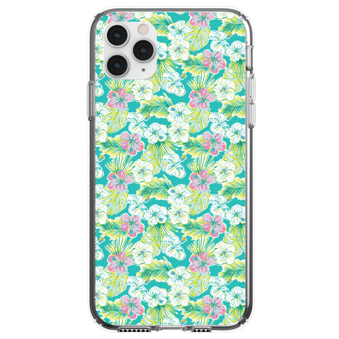 DistinctInk® Clear Shockproof Hybrid Case for Apple iPhone / Samsung Galaxy / Google Pixel - Preppy Pattern - Green Pink White Flowers Floral