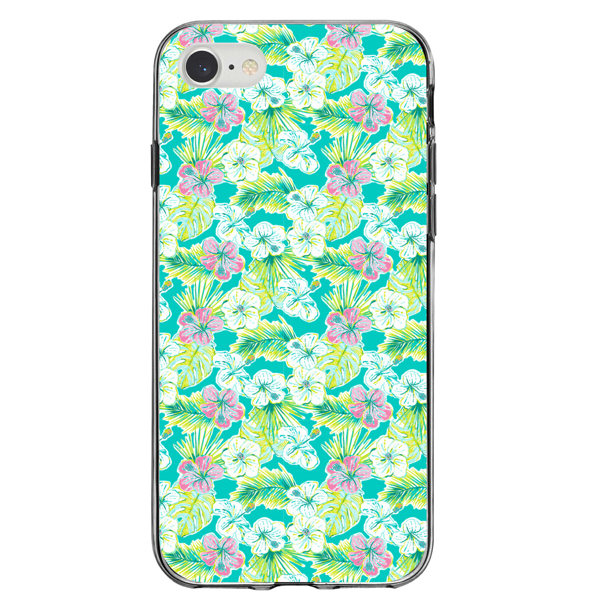 Preppy Pattern, Green Pink White Flowers Floral Clear Shockproof iPhone Case, view 5