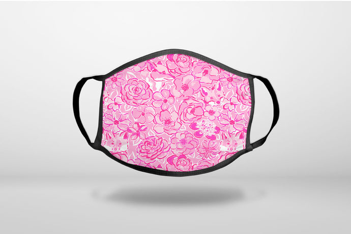 Preppy Pattern - Pink & White Flowers Floral - 3-Ply Reusable Soft Face Mask Covering, Unisex, Cotton Inner Layer