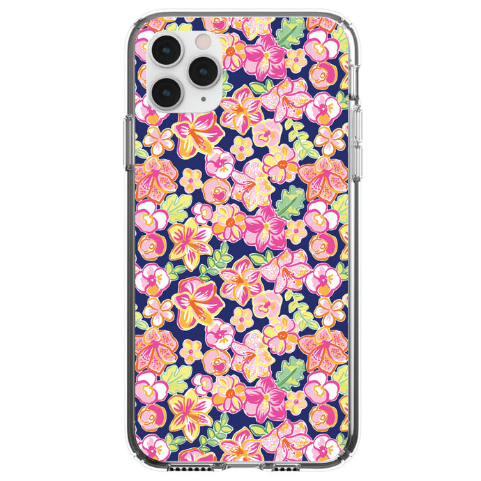 DistinctInk® Clear Shockproof Hybrid Case for Apple iPhone / Samsung Galaxy / Google Pixel - Preppy Pattern - Pink Green Navy Flowers Floral